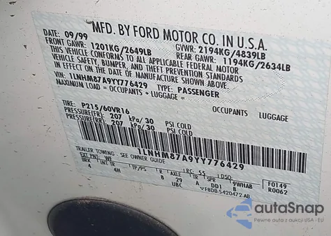 2000 Lincoln Ls z USA, uszkodzony, nr VIN 1LNHM87A9YY776429